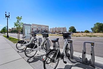 Row of bicycles are parked at a bike station